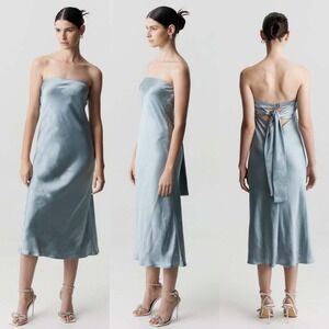 NWT Free‎ People X Third Form Satin Tie Back Strapless Midi Dress 6 Blue Wave